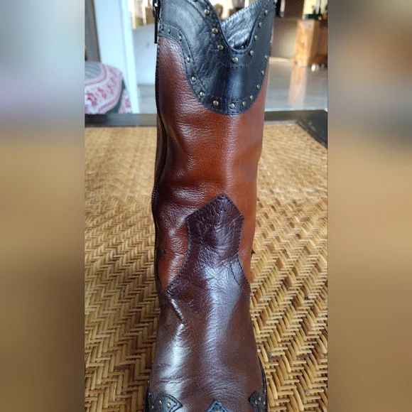 Stuart Weitzman Tri Colored Leather Studded Pointed Toe Western Boots - Picture 8 of 10